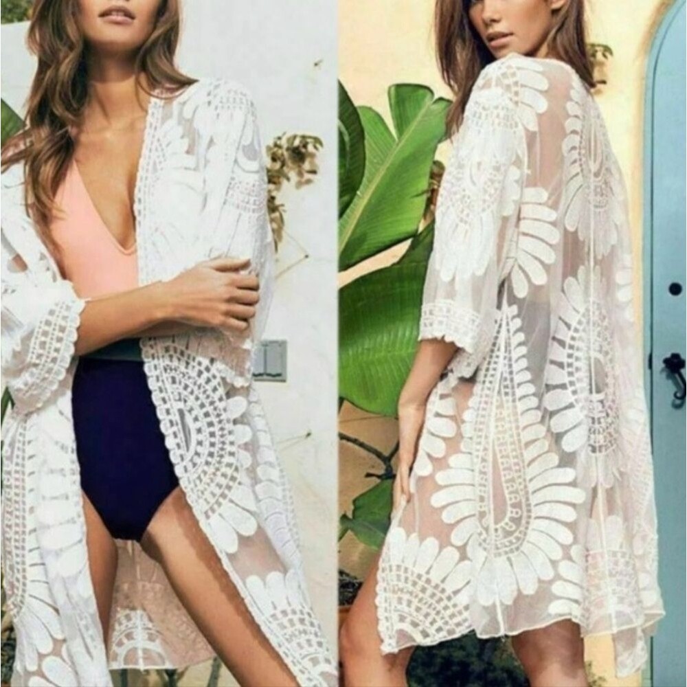 Rebellion Again Cream Floral Lace Open Duster Kimono Size S/M